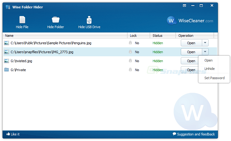 Giao diện trên phần mềm Wise Folder Hider
